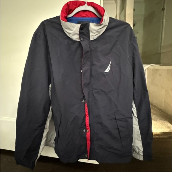Nautica brand navy grey and red windbreaker sailing jacket size large button up - Picture 2 of 4